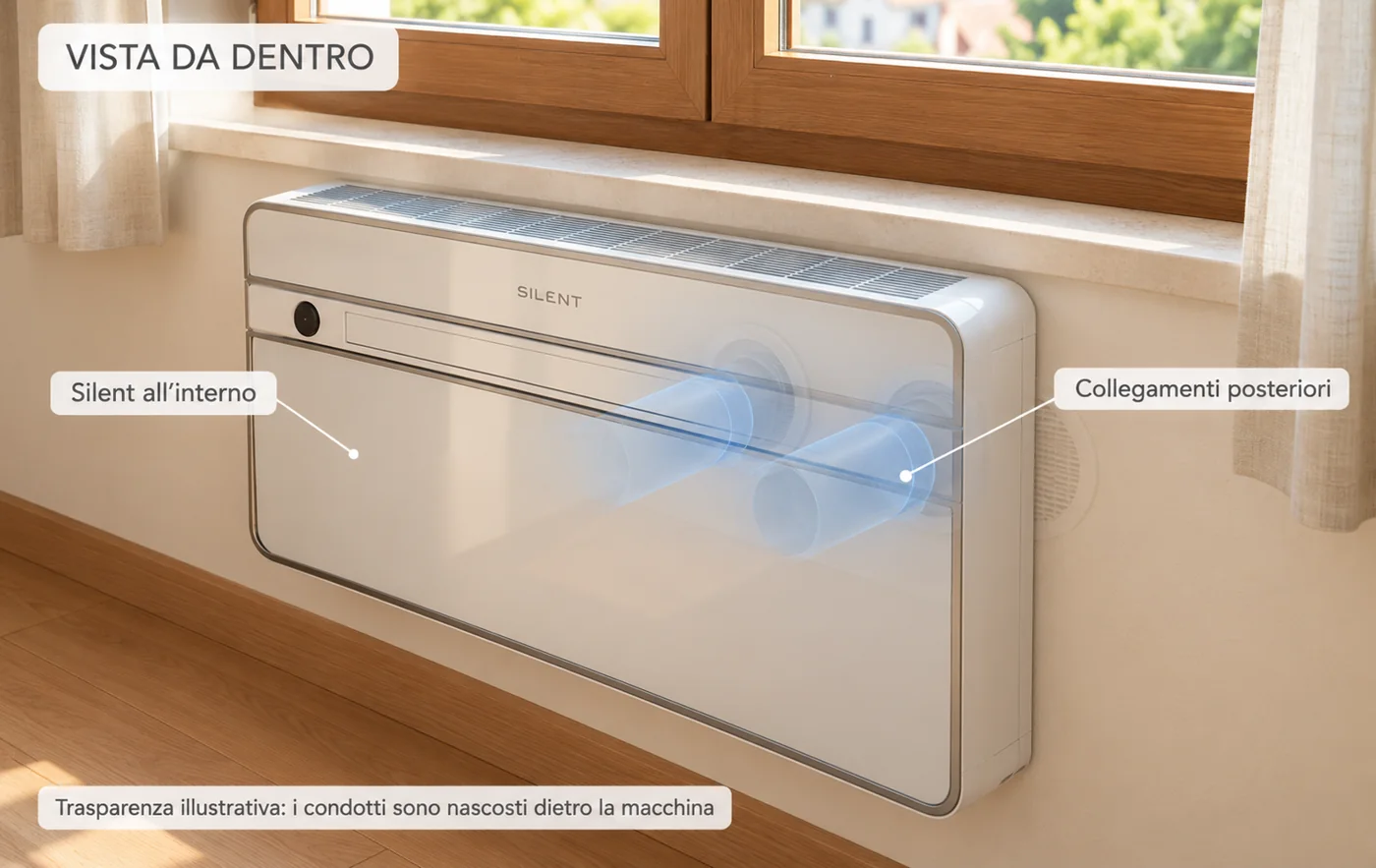 Vista interna di Silent con condotti posteriori illustrati in trasparenza